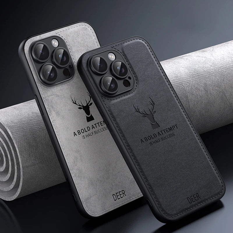 Luxury Cloth Leather Deer Head Pattern Case for Iphone 15 14 13 12 11 Pro X XR XS Max 16 plus Shockproof Soft Back Shell Cover