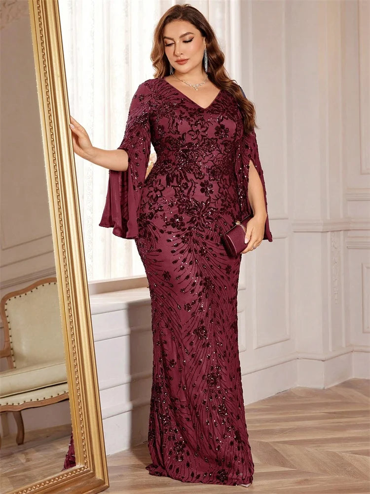 Plus Size Gold Sequin Mermaid Evening Gown – Long Sleeve Formal Dress for Weddings, Prom & Special Occasions