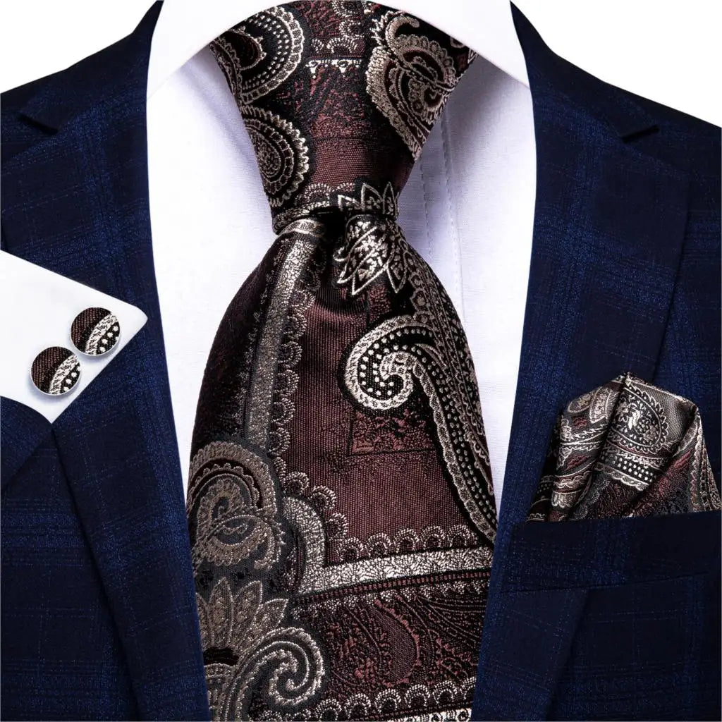 Burgundy Brown & Black Paisley Striped Silk Tie Set – Necktie + Pocket Square + Cufflinks – Formal Gift Set for Men