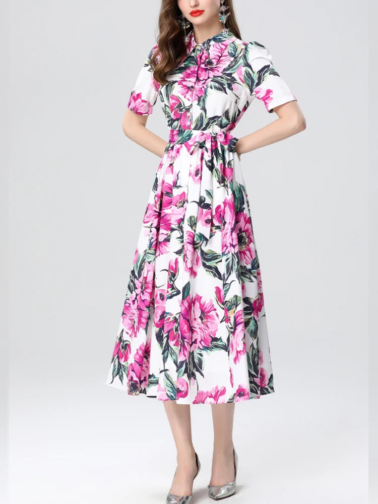 Elegant Printed Slim Fit Lapel Dress – Women’s Short Sleeve Spring/Summer 2025 Fashion