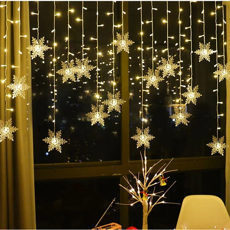 Christmas Decorations Snowflake Window Curtain Garlands Led Icicle Fairy Lights Flashing 8 Modes Eu-Plug New Year