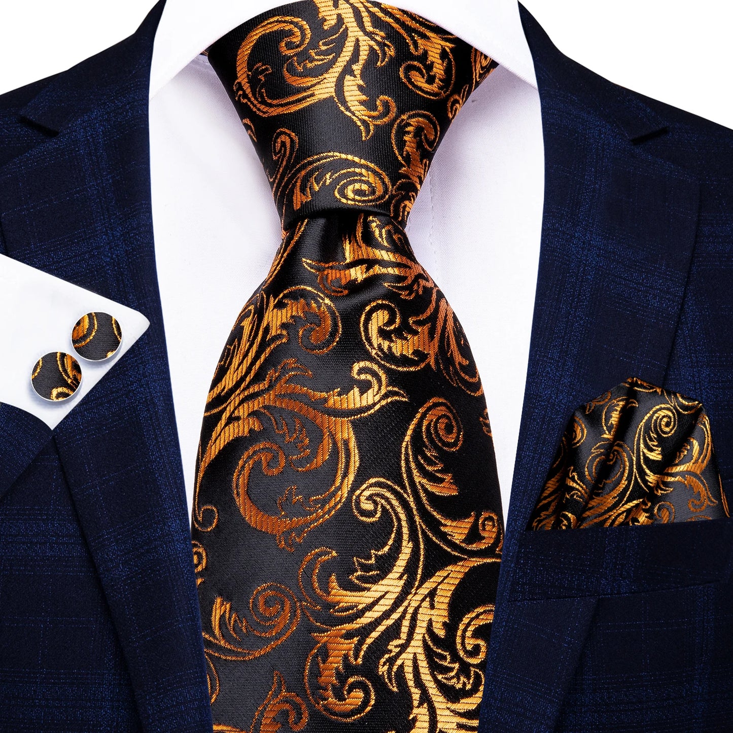 Burgundy Brown & Black Paisley Striped Silk Tie Set – Necktie + Pocket Square + Cufflinks – Formal Gift Set for Men