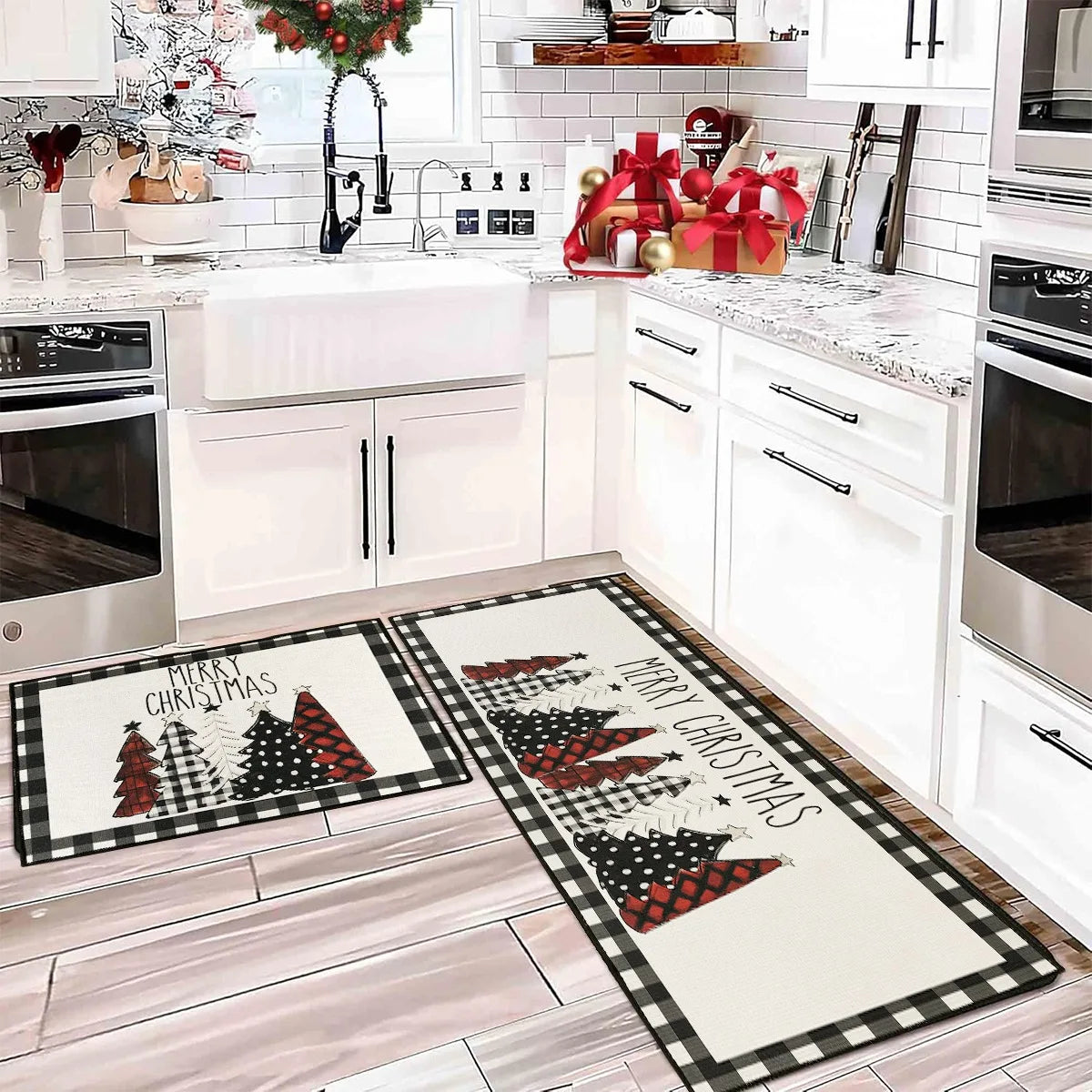 Plaid Christmas Tree Floor Mat Home Kitchen Absorbent Non-Slip Mat Merry Christmas Decoration for Home Happy New Year