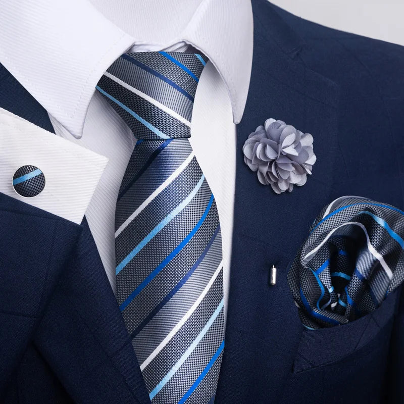 Luxury Men’s Floral Paisley Tie Set – Black & Gold Necktie with Matching Pocket Square, Cufflinks & Brooch | Elegant Wedding, Business, Dinner & Cocktail Look