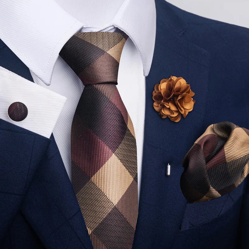 Luxury Men’s Floral Paisley Tie Set – Black & Gold Necktie with Matching Pocket Square, Cufflinks & Brooch | Elegant Wedding, Business, Dinner & Cocktail Look