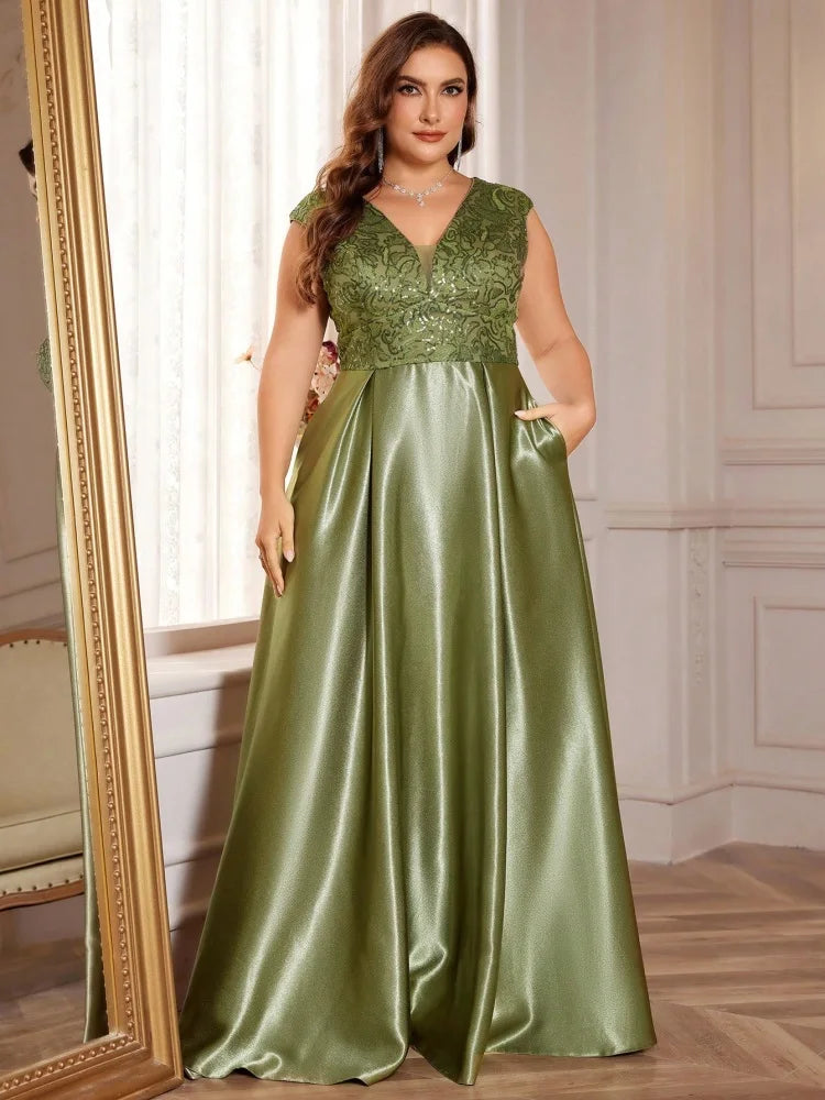 Plus Size Luxury Gold Satin Sequin Evening Gown β V-Neck Floor-Length Dress for Weddings, Parties & Prom