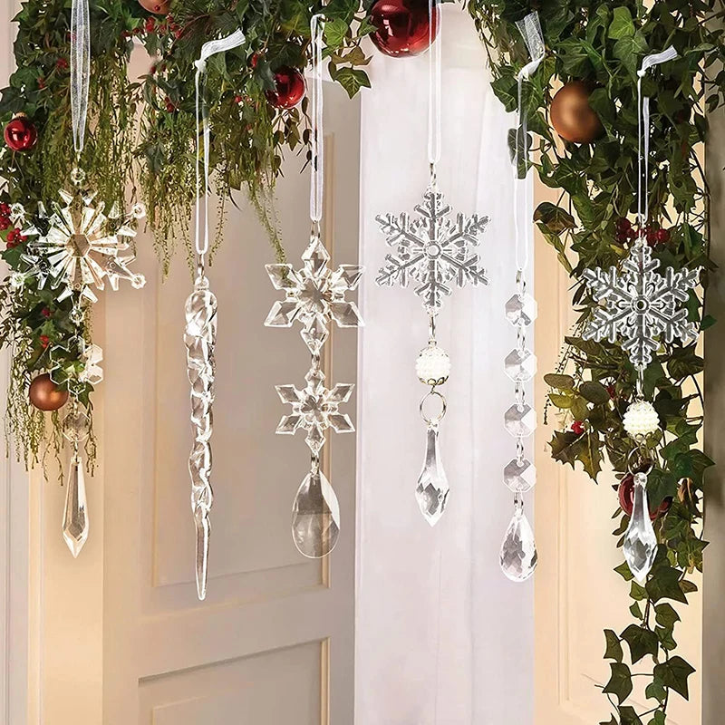 5/10Pcs Acrylic Snowflake Simulation Ice Pendants Xmas Tree Hanging Ornament Christmas Home Decorations New Year Gift