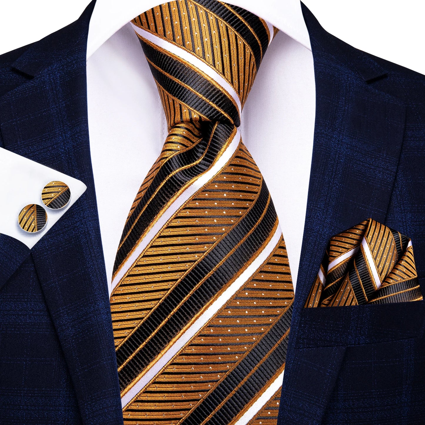 Burgundy Brown & Black Paisley Striped Silk Tie Set – Necktie + Pocket Square + Cufflinks – Formal Gift Set for Men
