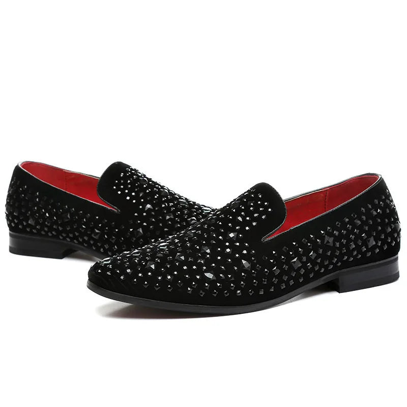 Men’s Genuine Luxury Stone Leather Rhinestone Loafers – Slip-On Dress Shoes for Wedding, Party & Clubwear