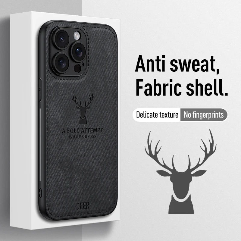 Luxury Cloth Leather Deer Head Pattern Case for Iphone 15 14 13 12 11 Pro X XR XS Max 16 plus Shockproof Soft Back Shell Cover