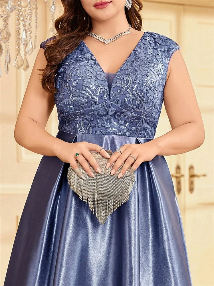 Plus Size Luxury Gold Satin Sequin Evening Gown β V-Neck Floor-Length Dress for Weddings, Parties & Prom