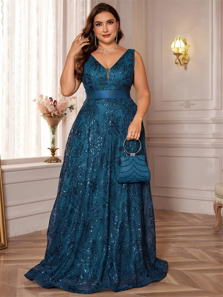 Plus Size Deep V-Neck Sequin Evening Dress – Elegant Blue Long Formal Gown with V-Back for Wedding, Party & Prom