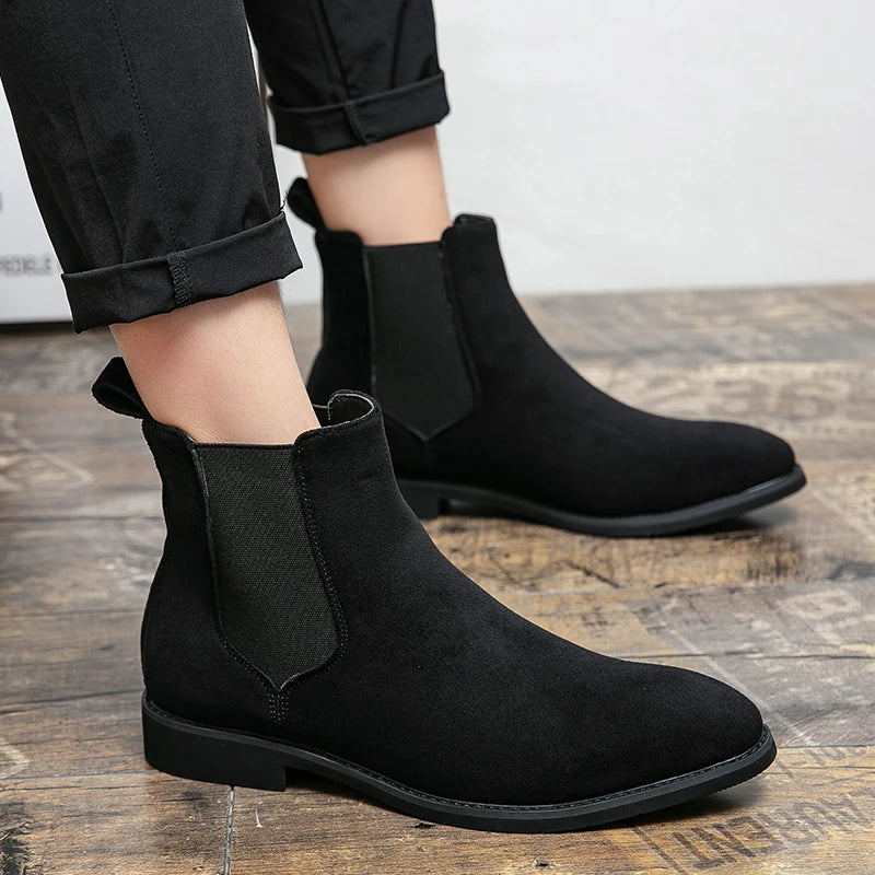 Trendy British Style Men’s Chelsea Boots – High Top Suede Leather Slip-On Ankle Boots for Spring & Autumn