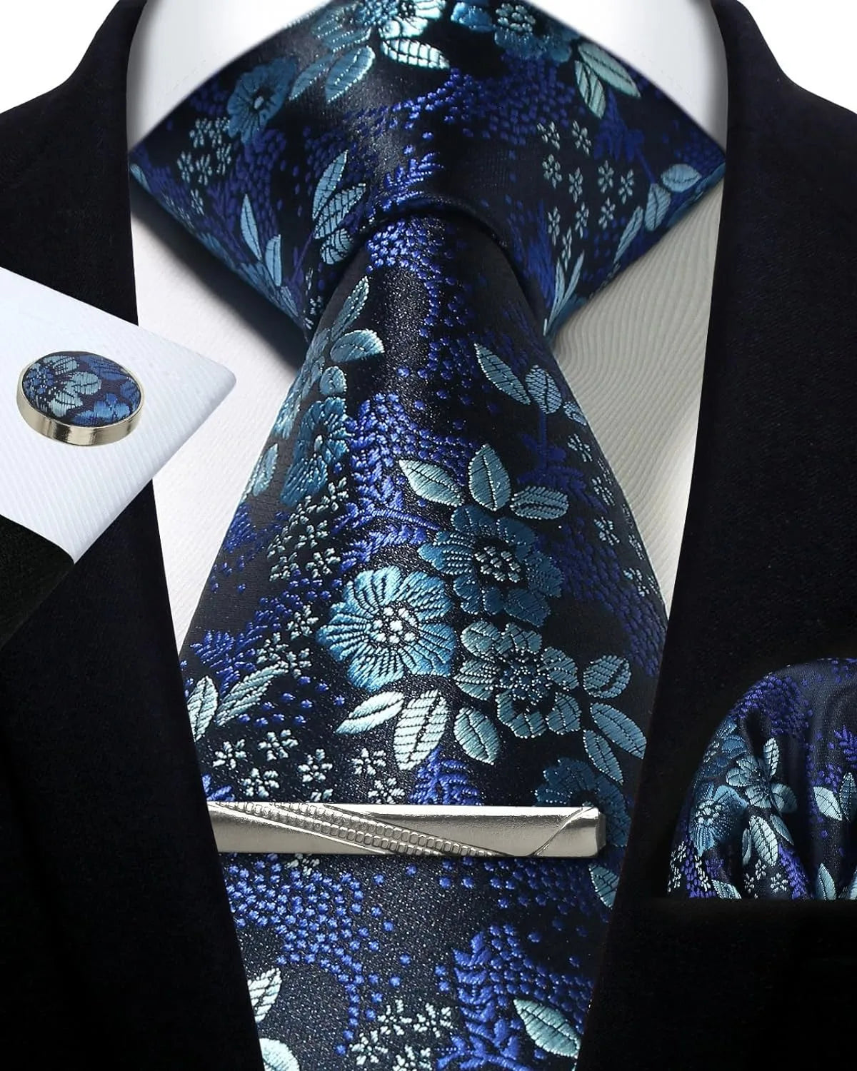 Men’s Classic Silver Paisley Tie Set – Silk Necktie, Pocket Square, Cufflinks & Tie Clip – Formal Wedding Party Gift Box