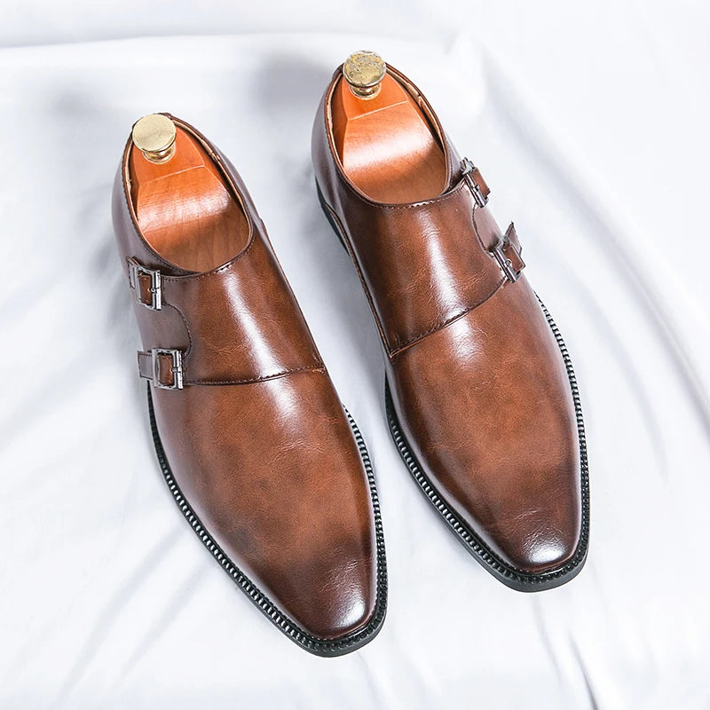Men’s Retro Monk Strap Dress Shoes – Pointed Toe Leather Office, Business & Wedding Footwear