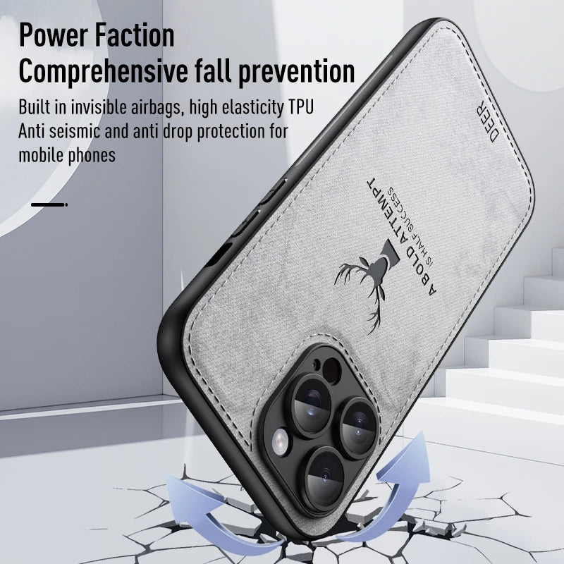 Luxury Cloth Leather Deer Head Pattern Case for Iphone 15 14 13 12 11 Pro X XR XS Max 16 plus Shockproof Soft Back Shell Cover