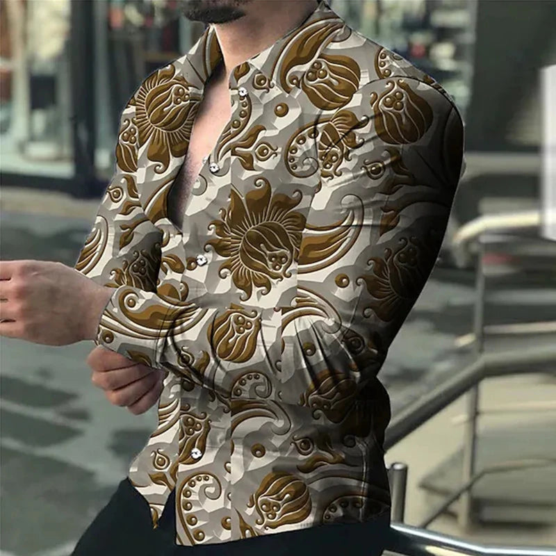 Luxury Floral Print Long Sleeve Shirt for Men – Casual Party Style, Button-Up Turn-Down Collar