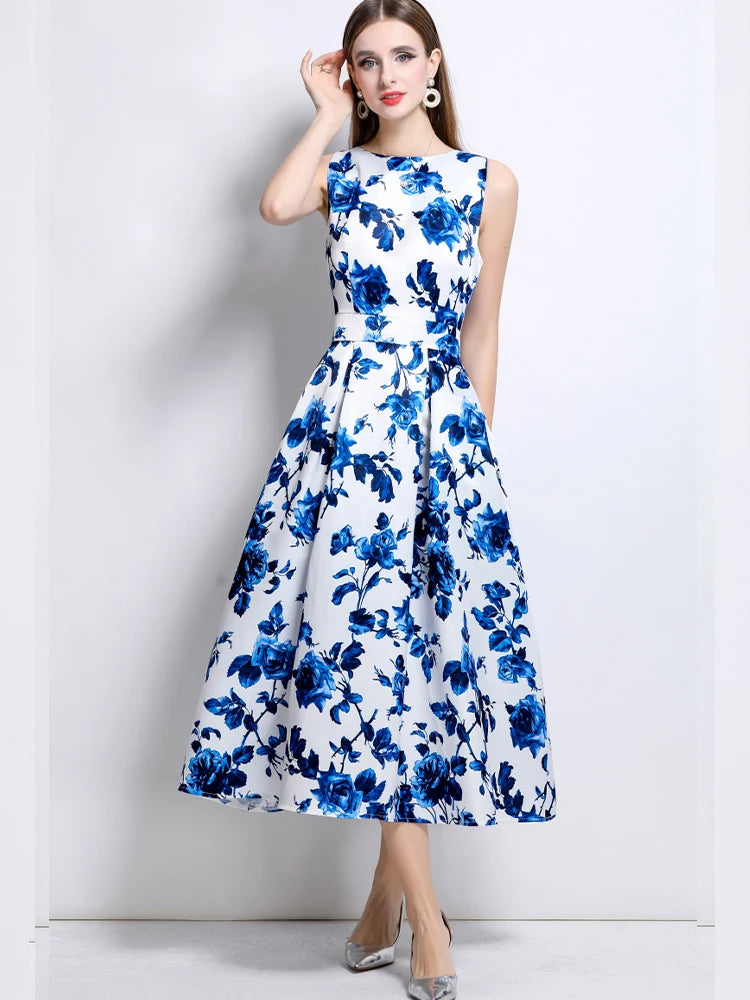 Elegant Sleeveless Printed A-Line Dress – Slim Fit Summer Fashion Dress for Women