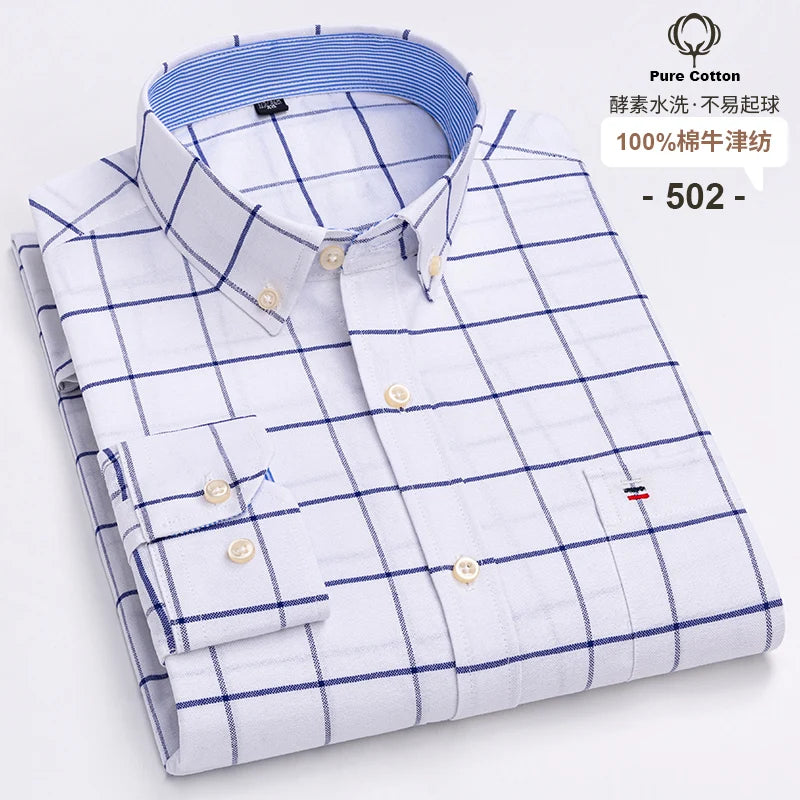 100% Cotton Oxford Long Sleeve Men's Plaid Dress Shirt – Regular Fit Formal Shirt with Pocket (S–7XL)