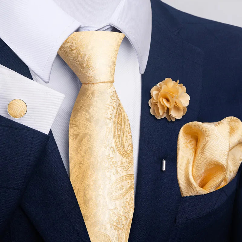 Luxury Men’s Floral Paisley Tie Set – Black & Gold Necktie with Matching Pocket Square, Cufflinks & Brooch | Elegant Wedding, Business, Dinner & Cocktail Look