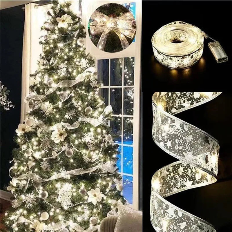 Christmas Decoration LED Ribbon Fairy Lights Christmas Tree Ornaments for Home DIY Bows Light String Navidad New Year 2025