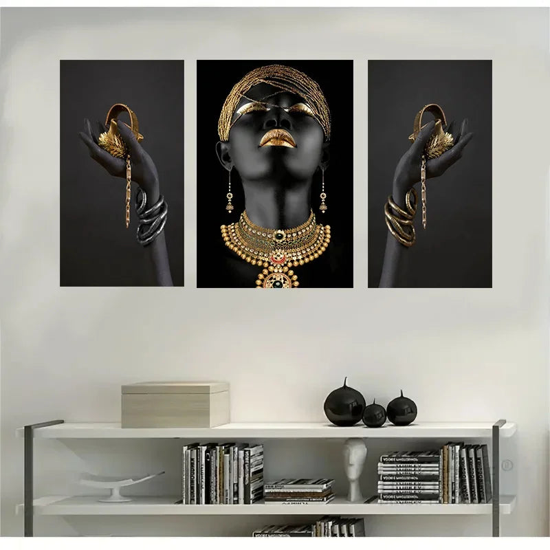 3-Piece African Black Women Canvas Wall Art with Gold Jewelry - Framed Art Prints for Living Room Deco