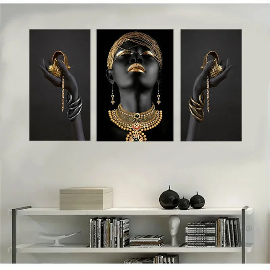 3-Piece African Black Women Canvas Wall Art with Gold Jewelry - Framed Art Prints for Living Room Deco