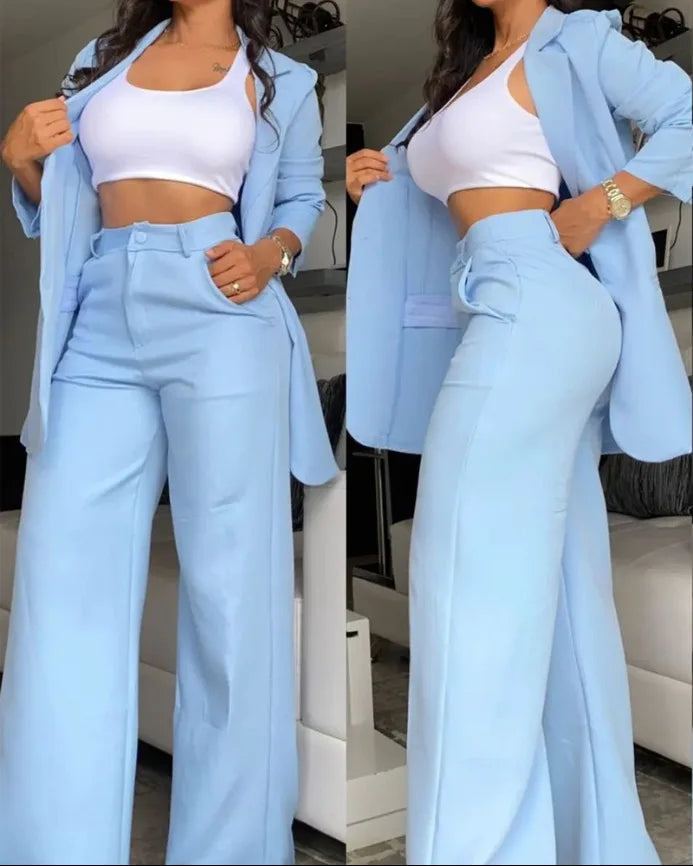 Women’s 2-Piece Solid Color Set – Spring/Autumn Fashion – Elegant Split Collar Top & Straight Tube Pocket Pants