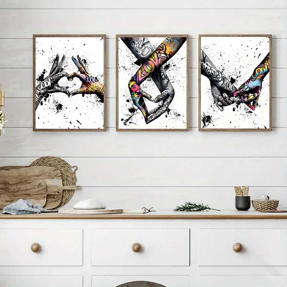 3PCS Graffiti Holding Hands Canvas Print - Abstract Paintings for Living Room, Bedroom Wall Art & Couple Gifts (Unframed)