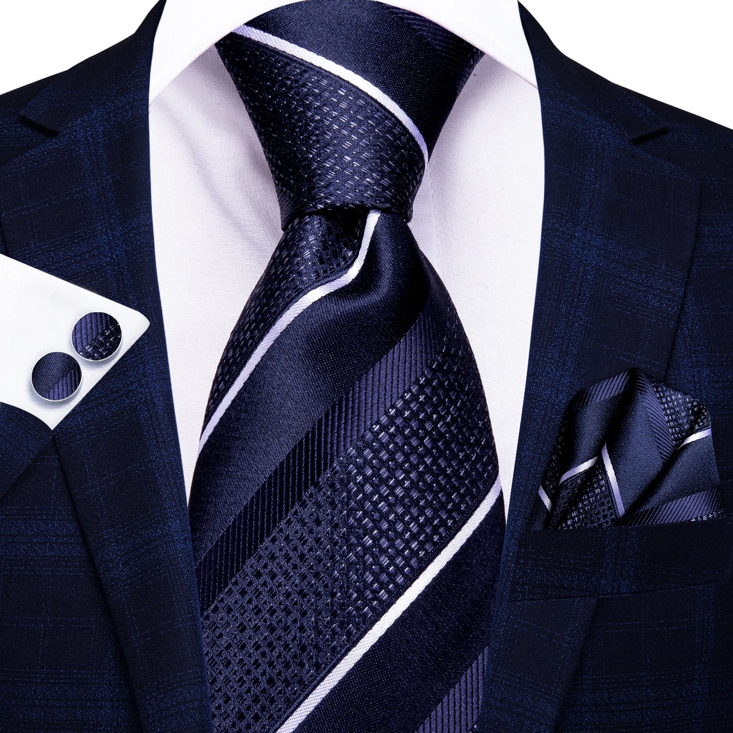 Burgundy Brown & Black Paisley Striped Silk Tie Set – Necktie + Pocket Square + Cufflinks – Formal Gift Set for Men