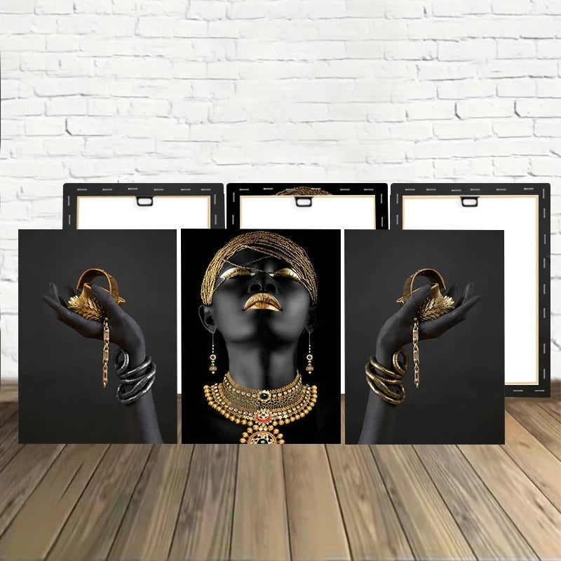 3-Piece African Black Women Canvas Wall Art with Gold Jewelry - Framed Art Prints for Living Room Deco