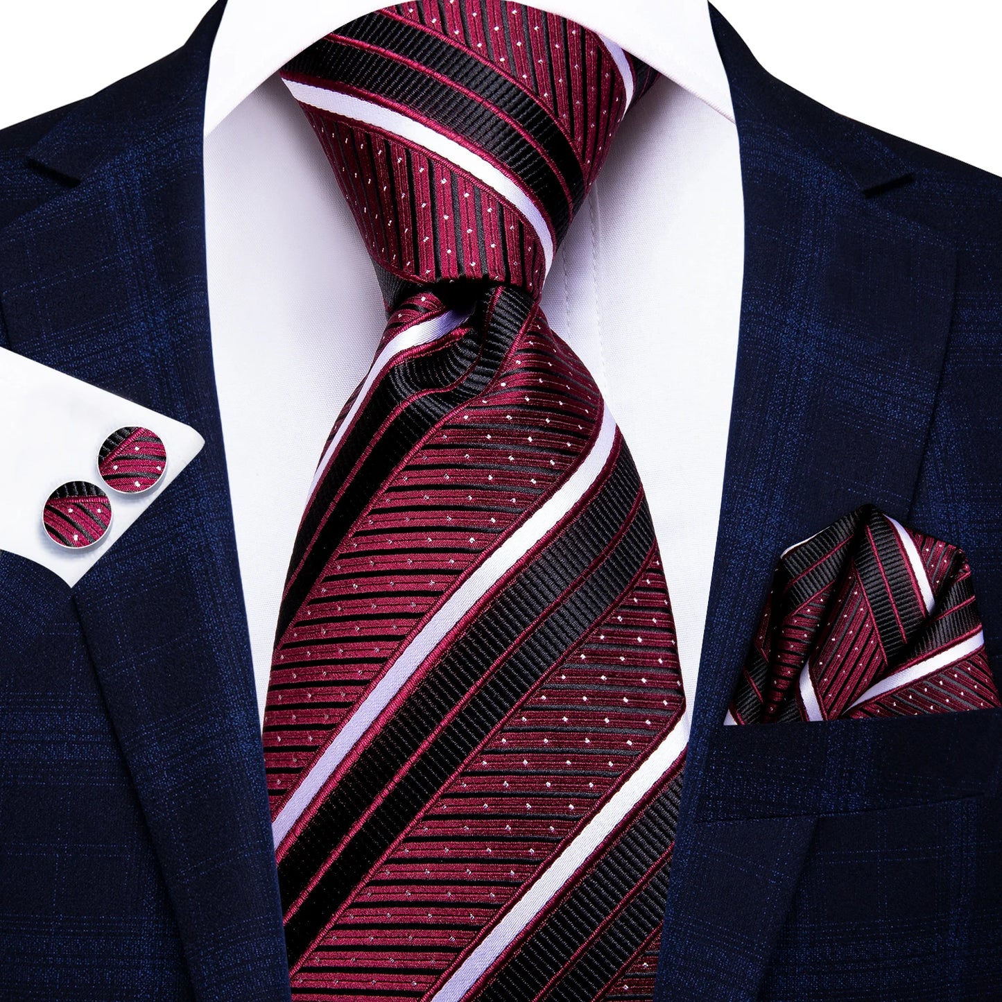 Burgundy Brown & Black Paisley Striped Silk Tie Set – Necktie + Pocket Square + Cufflinks – Formal Gift Set for Men