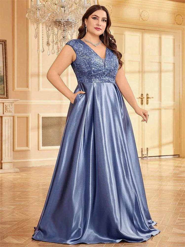 Plus Size Luxury Gold Satin Sequin Evening Gown β V-Neck Floor-Length Dress for Weddings, Parties & Prom
