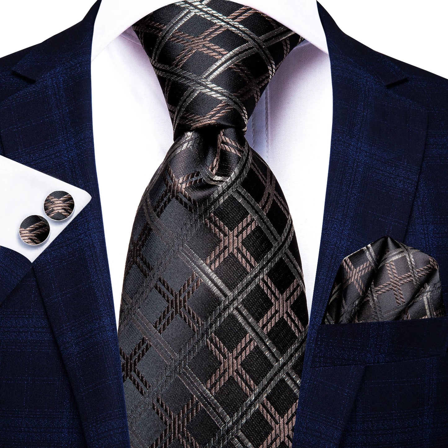 Burgundy Brown & Black Paisley Striped Silk Tie Set – Necktie + Pocket Square + Cufflinks – Formal Gift Set for Men