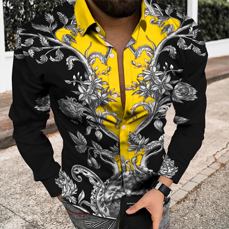 Men’s 3D Floral Print Long Sleeve Shirt – Designer Party & Prom Dress Shirt, S–5XL
