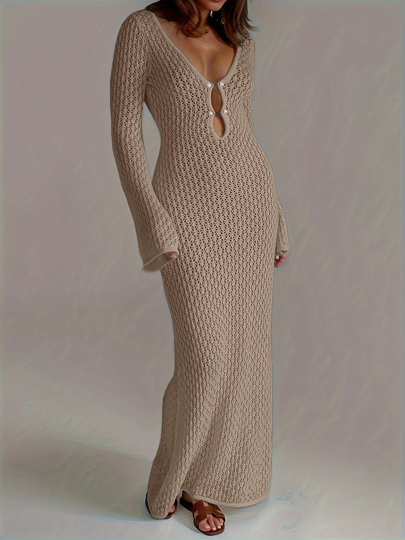 Sexy Women's White Knit Bikini Cover-Up β Long Sleeve, Deep V-Neck, Backless Beach Dress