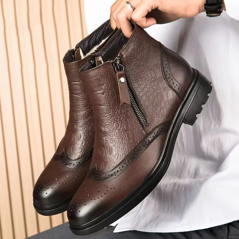 Genuine Leather Men’s Side-Zip Ankle Boots – Warm Plush Lined Winter Fashion