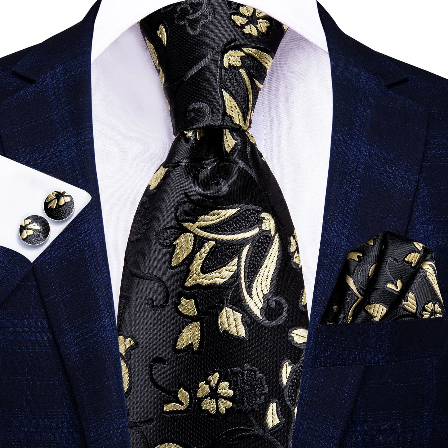 Burgundy Brown & Black Paisley Striped Silk Tie Set – Necktie + Pocket Square + Cufflinks – Formal Gift Set for Men