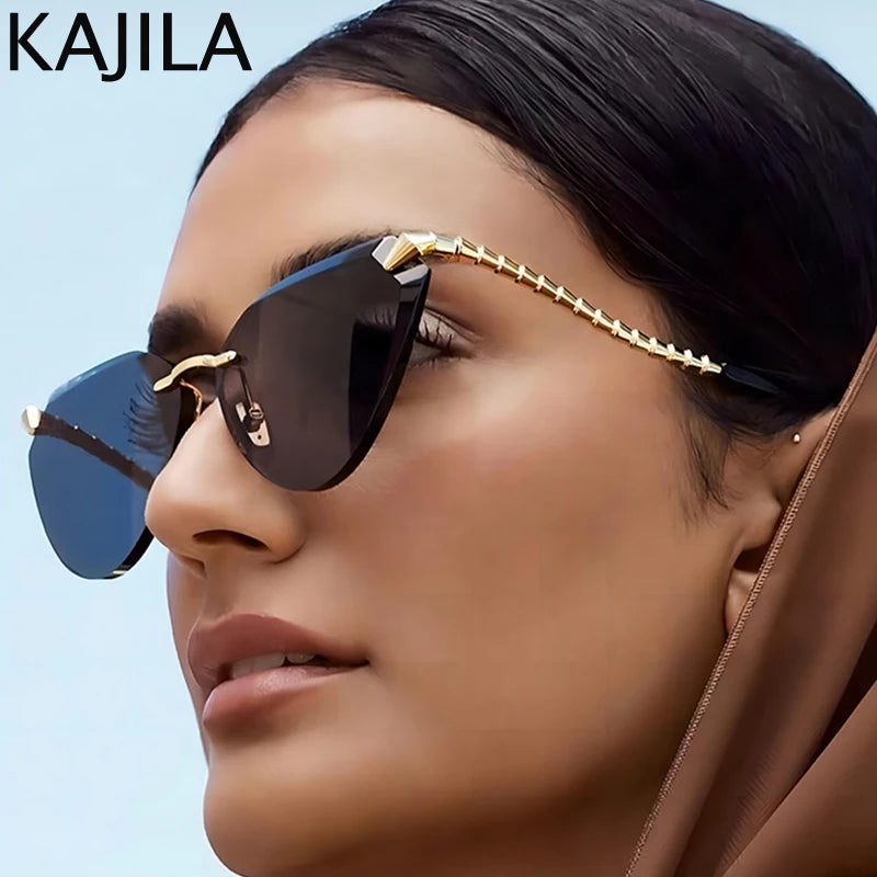 Cat Eye Rimless Sunglasses Women 2025 Luxury Brand Designer Trendy Metal Frameless Sun Glasses for Ladies Vintage Eyewear UV400