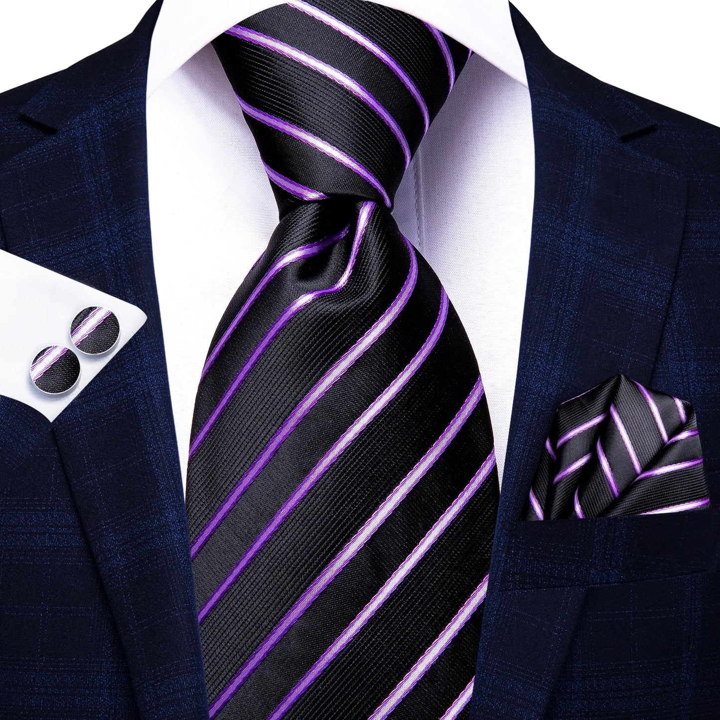 Burgundy Brown & Black Paisley Striped Silk Tie Set – Necktie + Pocket Square + Cufflinks – Formal Gift Set for Men
