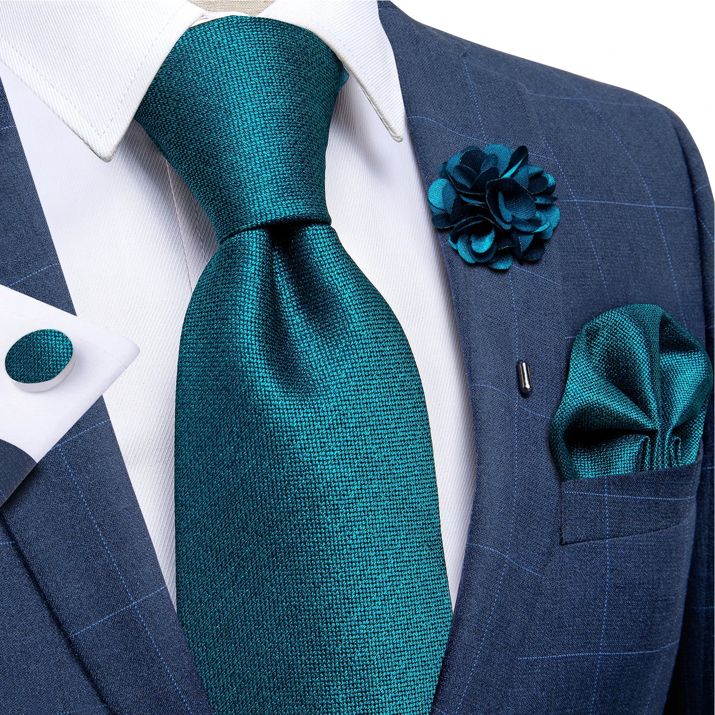 Blue & Silver Paisley Silk Tie Set – 8cm Necktie + Pocket Square + Cufflinks + Brooch – Elegant Men’s Gift for Weddings & Holidays