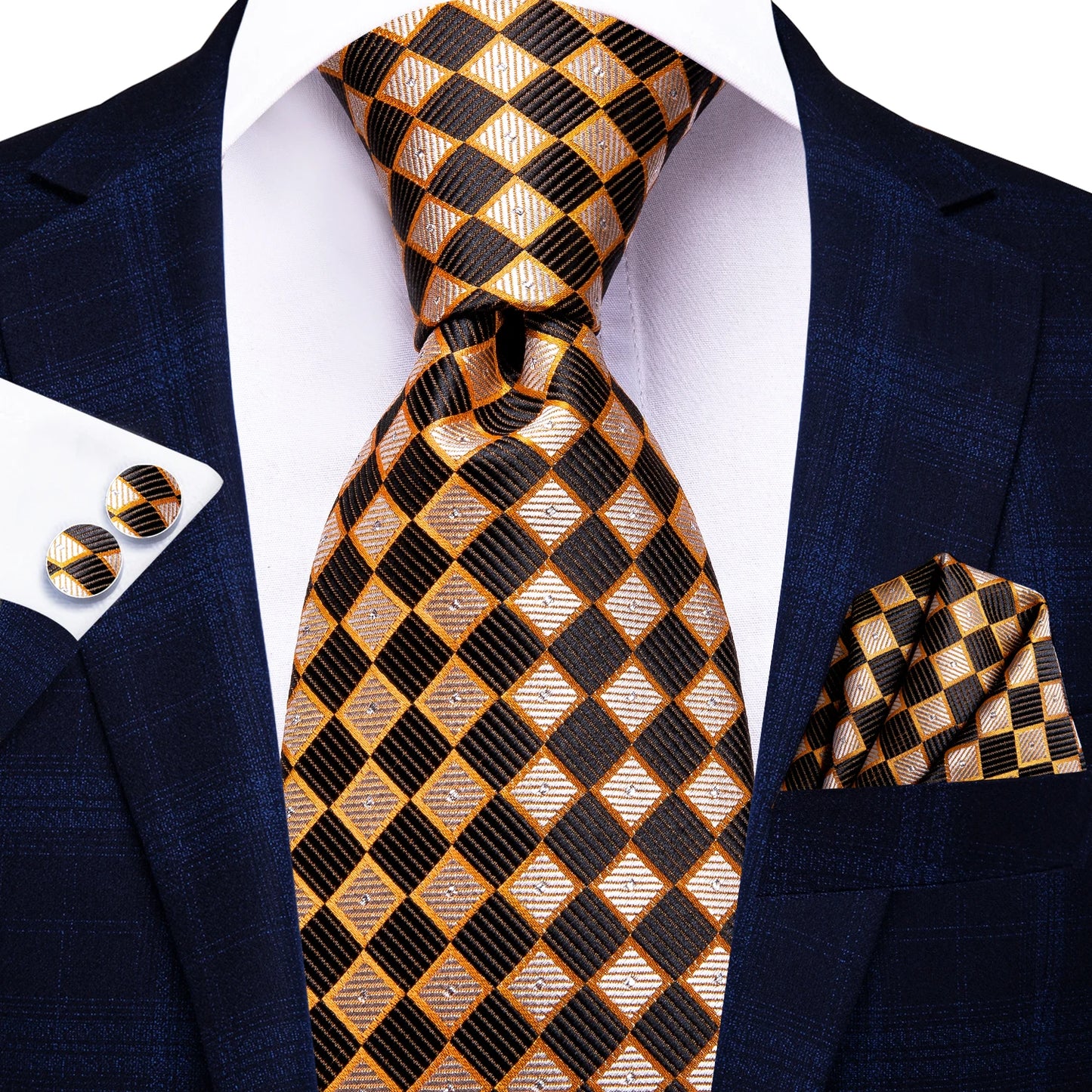 Burgundy Brown & Black Paisley Striped Silk Tie Set – Necktie + Pocket Square + Cufflinks – Formal Gift Set for Men