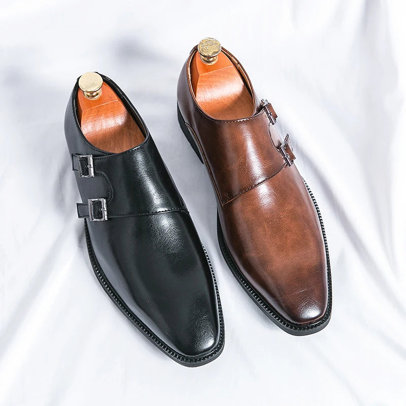 Men’s Retro Monk Strap Dress Shoes – Pointed Toe Leather Office, Business & Wedding Footwear
