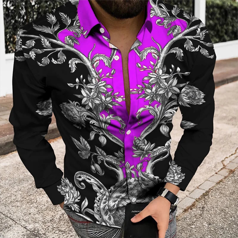 Men’s 3D Floral Print Long Sleeve Shirt – Designer Party & Prom Dress Shirt, S–5XL