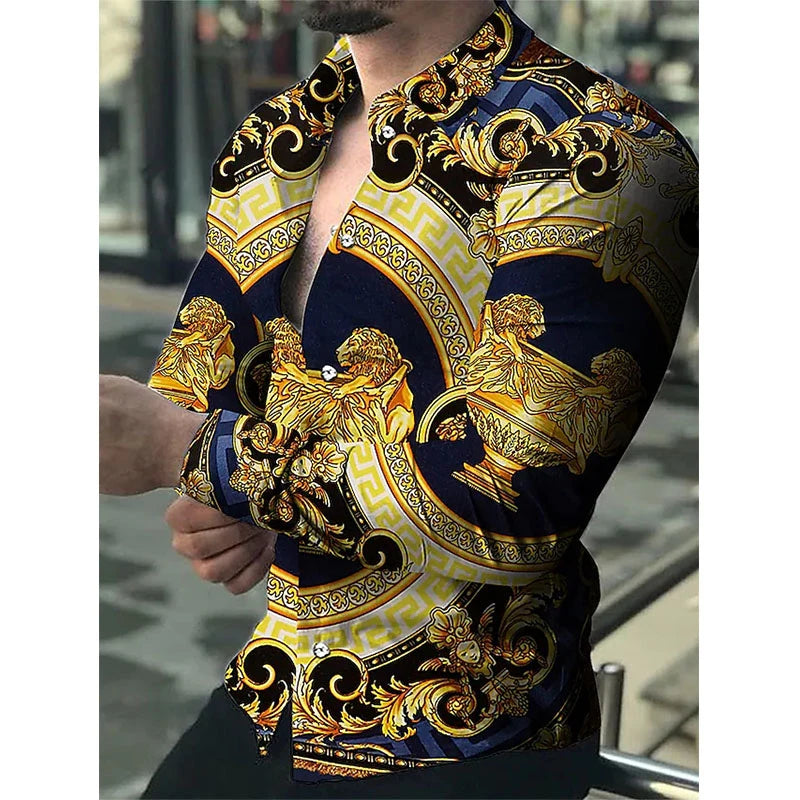 Luxury Floral Print Long Sleeve Shirt for Men – Casual Party Style, Button-Up Turn-Down Collar