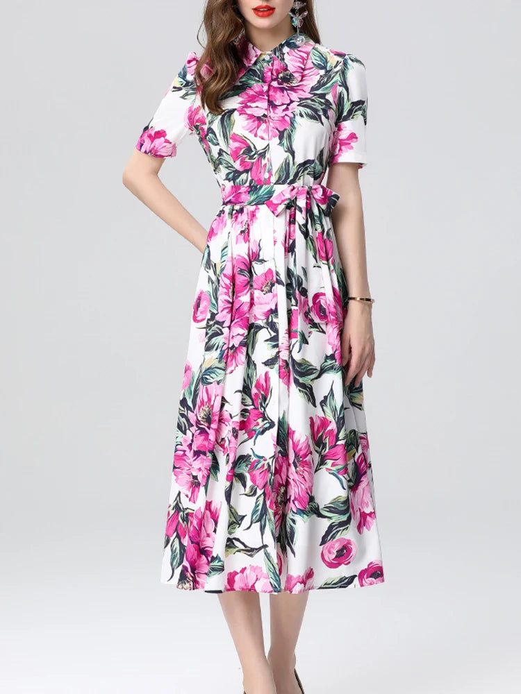 Elegant Printed Slim Fit Lapel Dress – Women’s Short Sleeve Spring/Summer 2025 Fashion