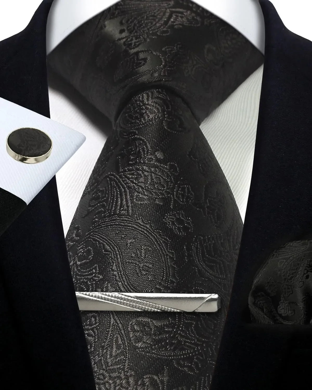 Men’s Classic Silver Paisley Tie Set – Silk Necktie, Pocket Square, Cufflinks & Tie Clip – Formal Wedding Party Gift Box