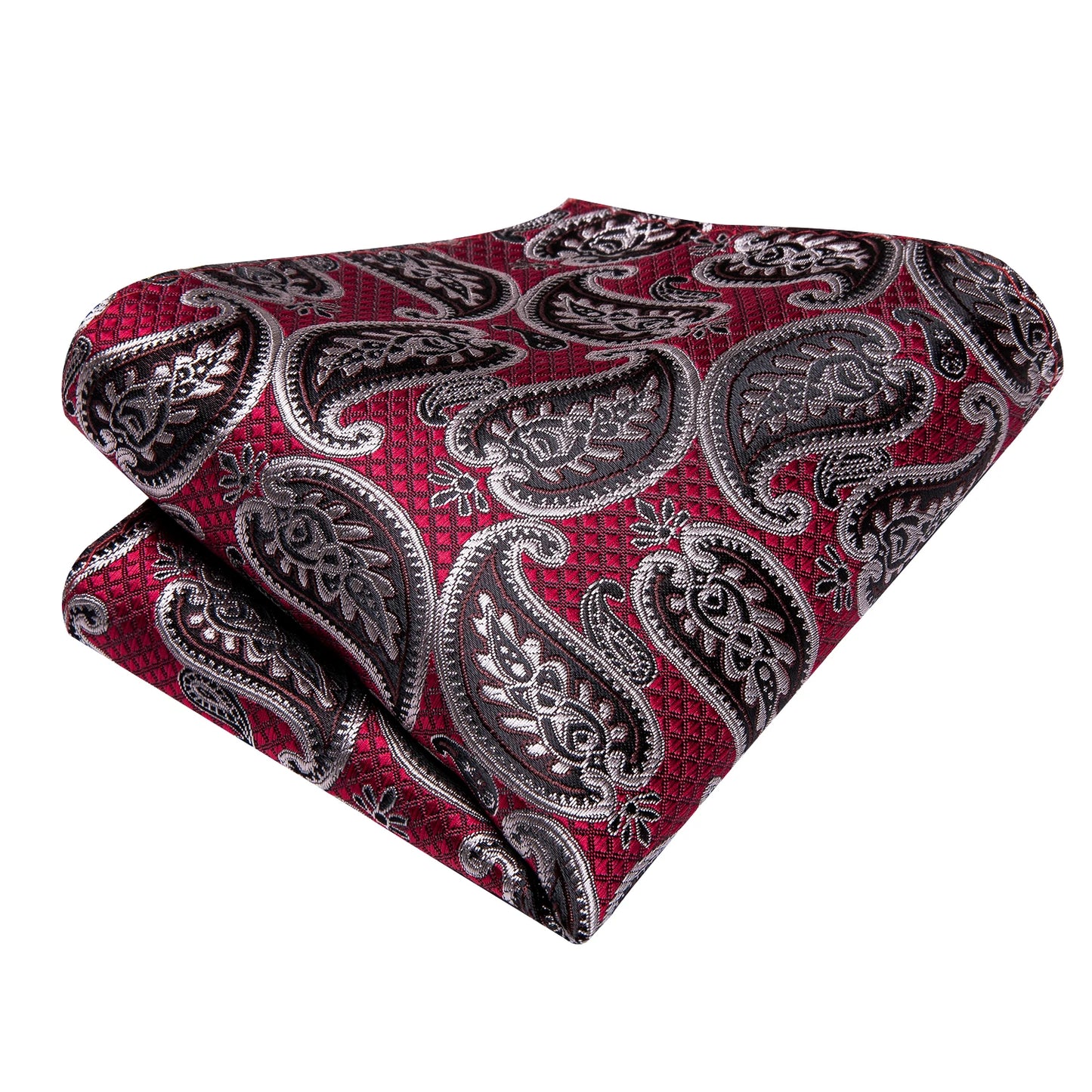 Burgundy Brown & Black Paisley Striped Silk Tie Set – Necktie + Pocket Square + Cufflinks – Formal Gift Set for Men