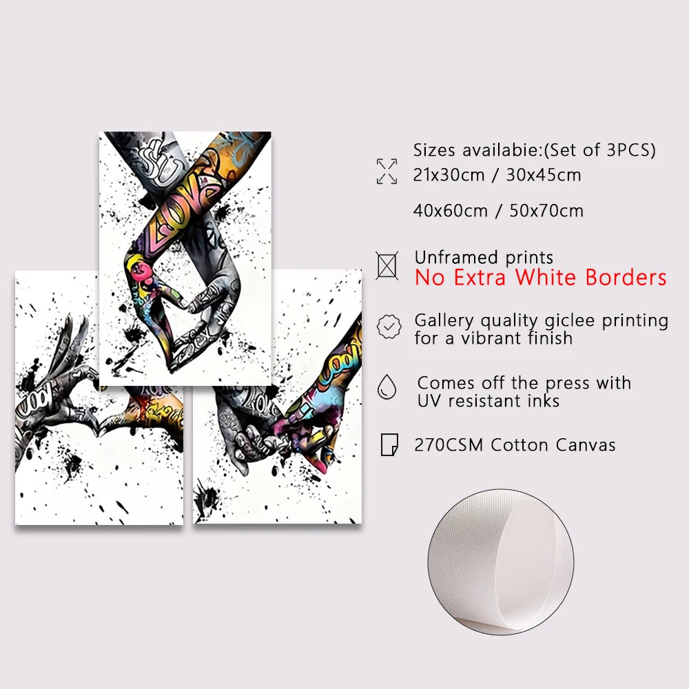 3PCS Graffiti Holding Hands Canvas Print - Abstract Paintings for Living Room, Bedroom Wall Art & Couple Gifts (Unframed)