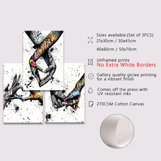 3PCS Graffiti Holding Hands Canvas Print - Abstract Paintings for Living Room, Bedroom Wall Art & Couple Gifts (Unframed)